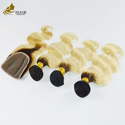 1B Blonde Ombre Human Hair Extensions Remy Weave Wig Bundles With Closure (Bông vàng màu đen)