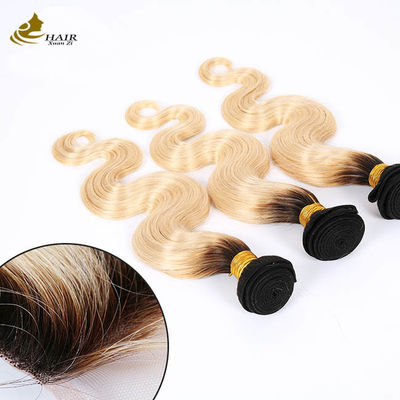 1B Blonde Ombre Human Hair Extensions Remy Weave Wig Bundles With Closure (Bông vàng màu đen)