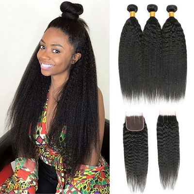Kinky Straight Brazilian Human Hair Bundle With Closure 8A / 9A / 10A