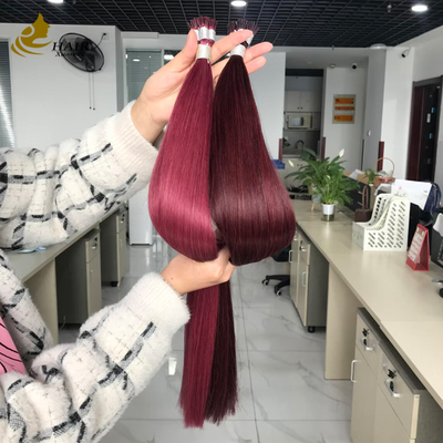 Nối tóc I Tip thẳng bằng tóc thật, xếp lớp biểu bì, màu Burg và 99J